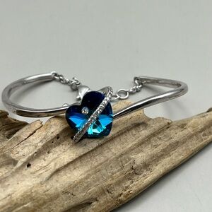 Silver Tone Heart Bracelet with Blue Crystal -Valentine Gift-Romantic Jewelry